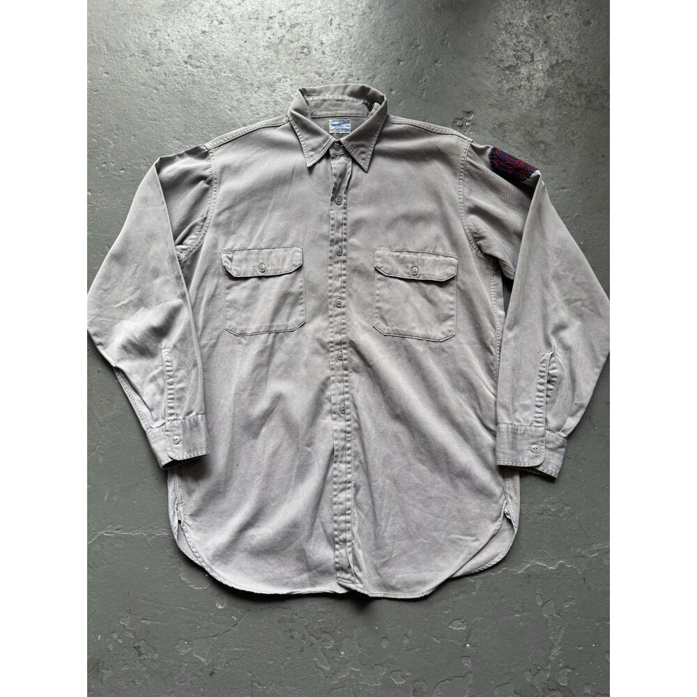 Vintage 40s 50s Hercules Cotton Twill Button Up Shirt Gray Fire Dept